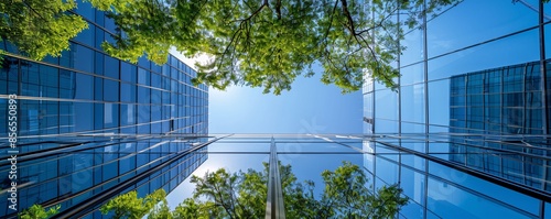 The green trees reflected on the glass facade of a contemporary corporate building illustrate the integration of ESG principles, emphasizing environmental responsibility in business. The clean,