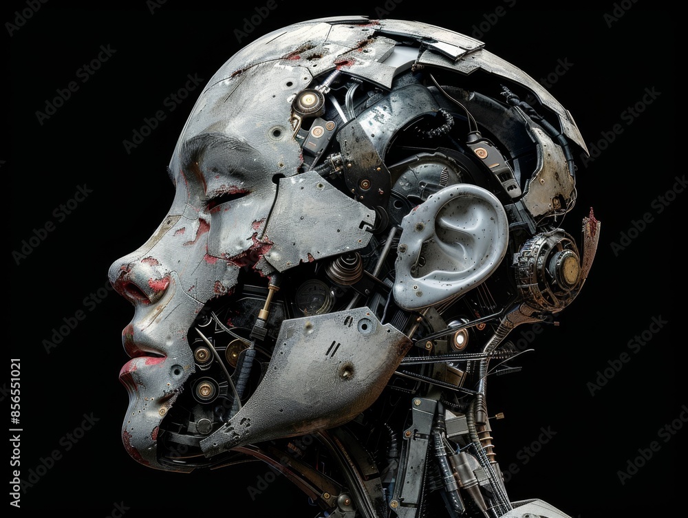Cyborg Fusion: Interplay of Human Skin and Robotic Parts in Humandroid Face, Symbolizing Contrasting Elements of Humanity and Technology Cyborg Fusion: Interplay of Human Skin and Robotic Parts in Humandroid Face, Symbolizing Contrasting Elements of Humanity and Technology