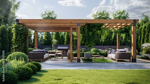 High-tech landscape with wooden pergolas decorated picture