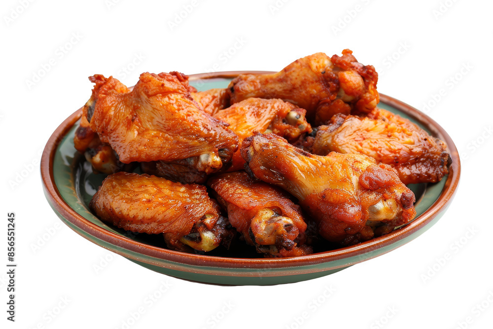 A plate filled with tasty and crispy chicken wings, perfect for a delicious and savory meal or as a popular appetizer for any occasion, isolated on a white background, transparent background. A plate filled with tasty and crispy chicken wings, perfect for a delicious and savory meal or as a popular appetizer for any occasion, isolated on a white background, transparent background.