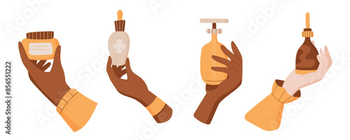 Trendy antiaging hygiene oil bottle in hand, minimal eco makeup product tube, colorful moisturizing beauty shampoo jar, isolated natural skin care pack collection, vector illustration.
