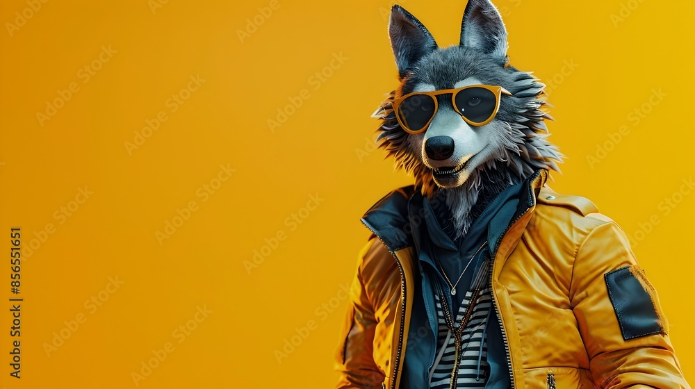 Anthropomorphic Wolf Man in Street Wear Outfit on Yellow Background Anthropomorphic Wolf Man in Street Wear Outfit on Yellow Background