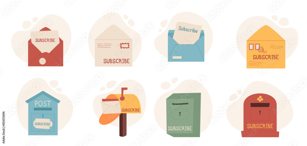 Cartoon subscribe mailbox collection at abstract background, creative style paper mail in postbox newsletter subscription template, flat envelope illustration and trendy greeting letter design. Cartoon subscribe mailbox collection at abstract background, creative style paper mail in postbox newsletter subscription template, flat envelope illustration and trendy greeting letter design.
