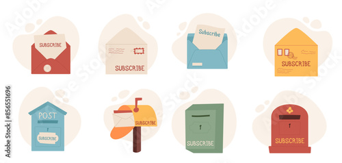 Cartoon subscribe mailbox collection at abstract background, creative style paper mail in postbox newsletter subscription template, flat envelope illustration and trendy greeting letter design.