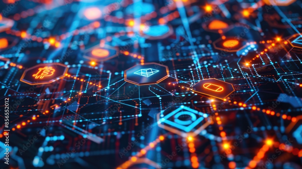 Interconnected Blockchain Applications in Finance, Healthcare, Supply Chain, and Real Estate - Futuristic Industry Sectors Visualized Interconnected Blockchain Applications in Finance, Healthcare, Supply Chain, and Real Estate - Futuristic Industry Sectors Visualized