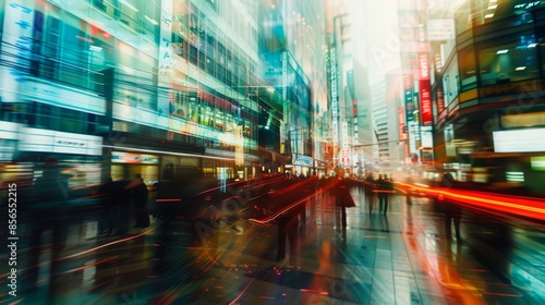 Futuristic Cityscape with Motion Blur and Glitch Effects, Capturing Urban Speed and Tech Aesthetic