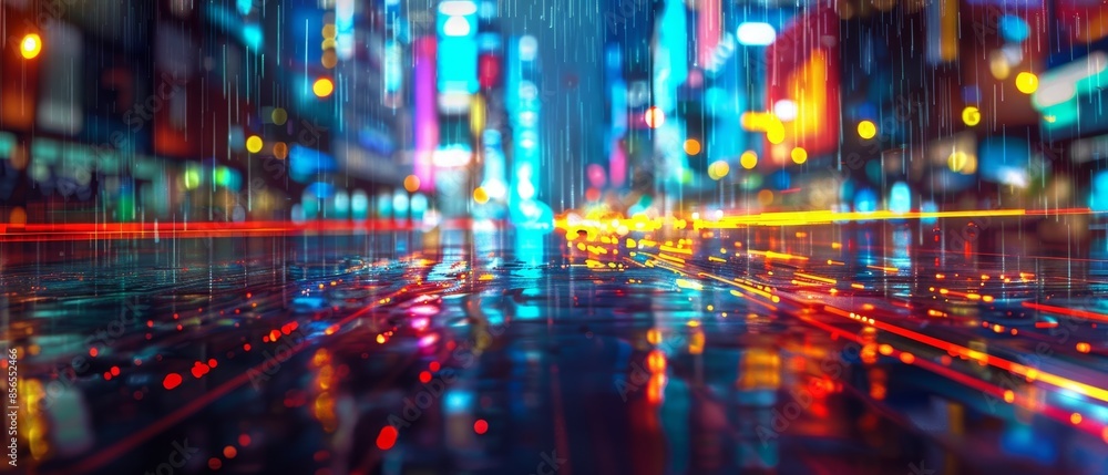 Obraz premium Neon Nights: Futuristic City Streets with Glitch Motion Blur