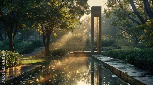 Golden Ratio Tower at Dawn - Tranquil Water and Greenery Reflections | Ultra-Realistic Photography with Sony Alpha 7R IV photo