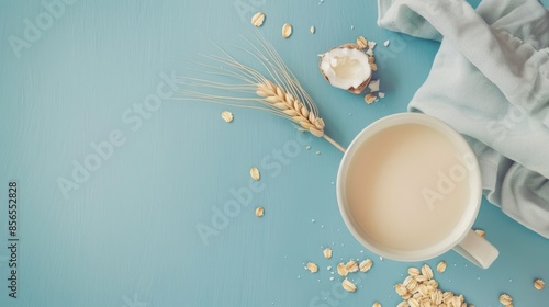 Oat milk and flakes on linen napkin with blue background Vegan non dairy drink concept with space for text photo