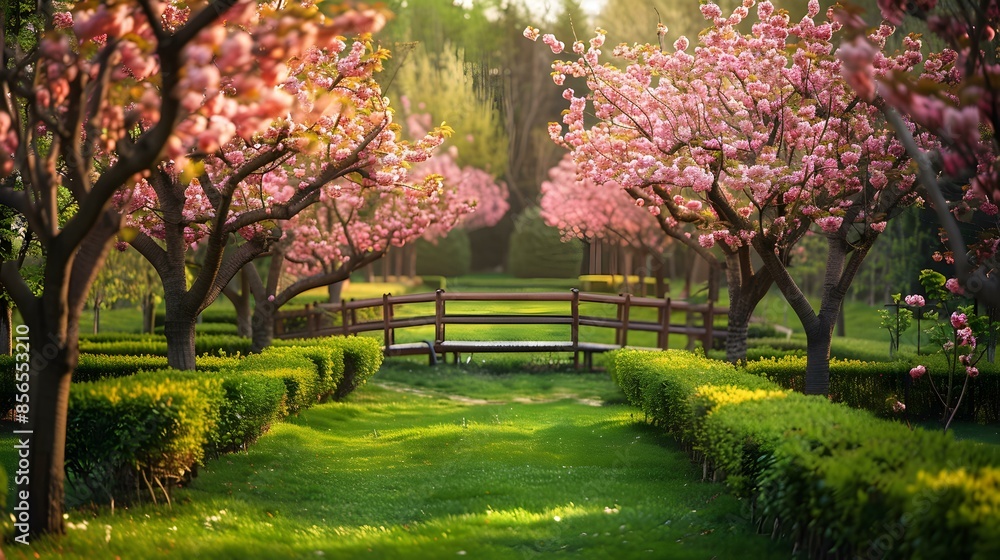 Naklejka premium An orchard with flowering peach trees green image