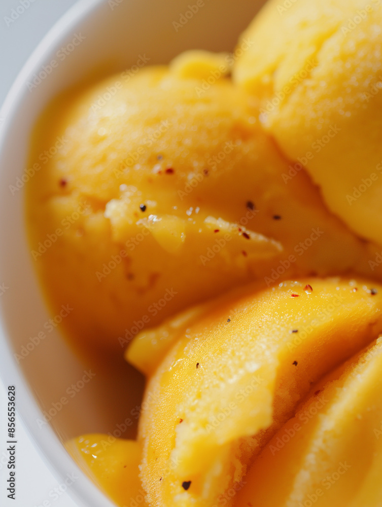 A closeup of exotic mango chili sorbet, its bright orange color and icy texture with specks of chili, set against a white backdrop A closeup of exotic mango chili sorbet, its bright orange color and icy texture with specks of chili, set against a white backdrop