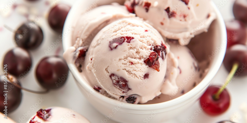 A closeup of decadent amaretto cherry ice cream, its rich color and chunks of cherry and amaretto flavor against a white backdrop A closeup of decadent amaretto cherry ice cream, its rich color and chunks of cherry and amaretto flavor against a white backdrop