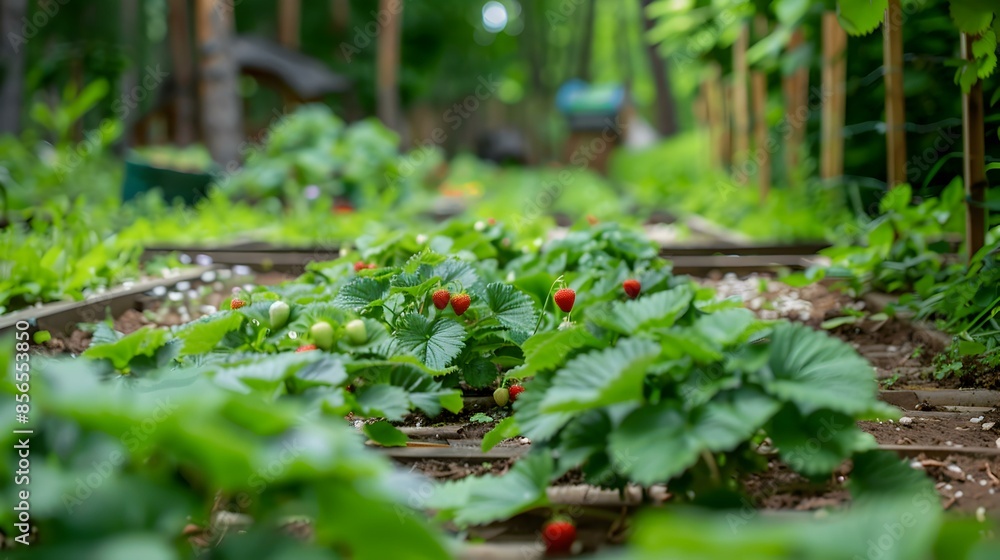 Germinated strawberry shoots in a well-kept garden img Germinated strawberry shoots in a well-kept garden img