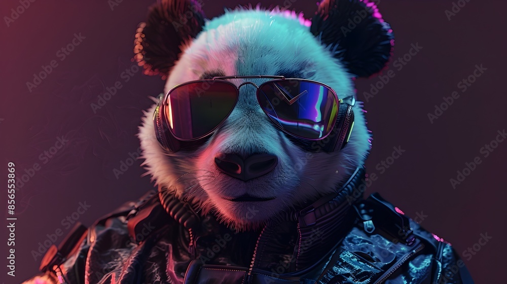 Captivating Panda Anthropomorph in Sleek Black Motor Suit with Reflective Synthwave Sunglasses Captivating Panda Anthropomorph in Sleek Black Motor Suit with Reflective Synthwave Sunglasses