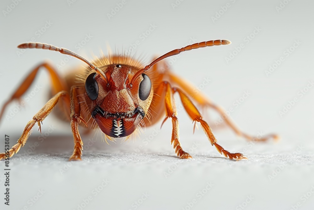 Detailed illustration of a fearsome Fire Ant, showcasing its two mandibles, two antennae, and six legs, against a stark white backdrop. Detailed illustration of a fearsome Fire Ant, showcasing its two mandibles, two antennae, and six legs, against a stark white backdrop.