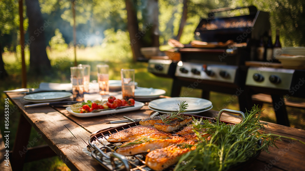 A rustic outdoor setting with a grill cooking fresh fish, surrounded by nature. the table is set with a simple, yet elegant arrangement of dishes and cutlery, embodying a perfect summer meal A rustic outdoor setting with a grill cooking fresh fish, surrounded by nature. the table is set with a simple, yet elegant arrangement of dishes and cutlery, embodying a perfect summer meal