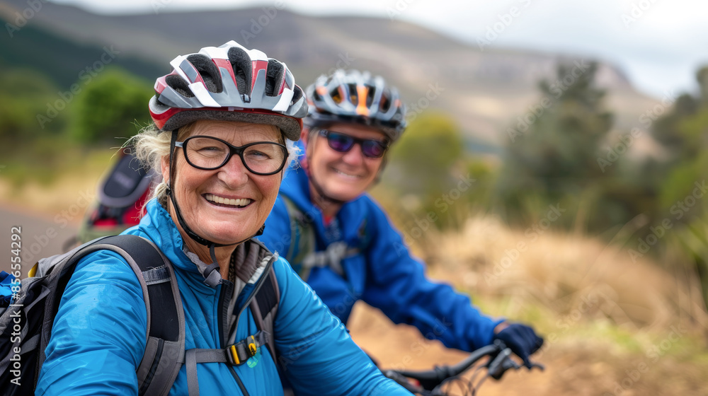 Two senior women smiling while riding mountain bikes Two senior women smiling while riding mountain bikes