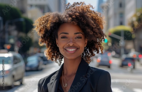 An attractive black woman with curly hair, in business attire, smiling at the camera while crossing the street © yevgeniya131988