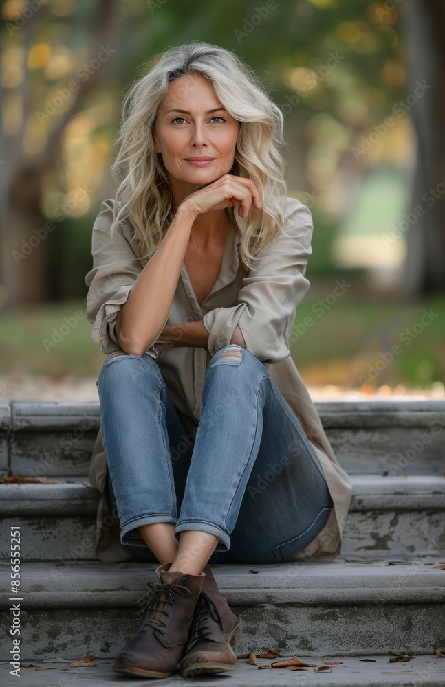 Elegant middle-aged woman sitting on park steps in jeans and a shirt, looking serene Elegant middle-aged woman sitting on park steps in jeans and a shirt, looking serene
