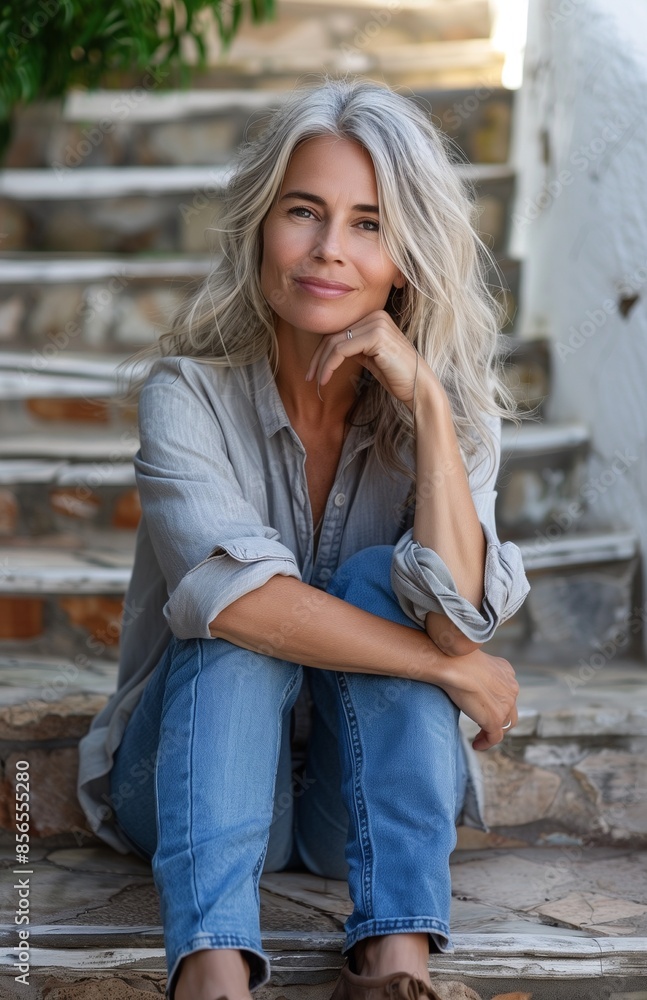Elegant middle-aged woman sitting on park steps in jeans and a shirt, looking serene Elegant middle-aged woman sitting on park steps in jeans and a shirt, looking serene