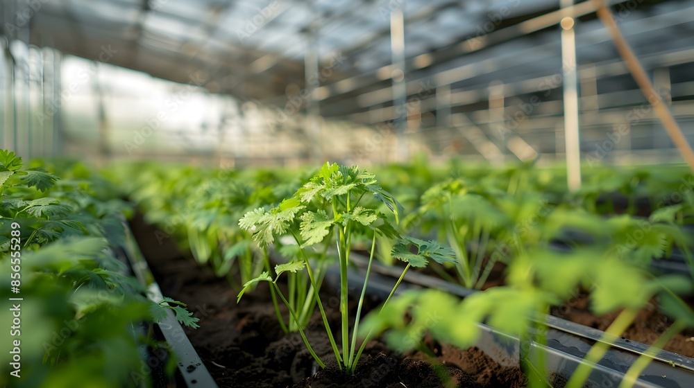 Coriander seedlings growing in a hydroponic system Coriander seedlings growing in a hydroponic system