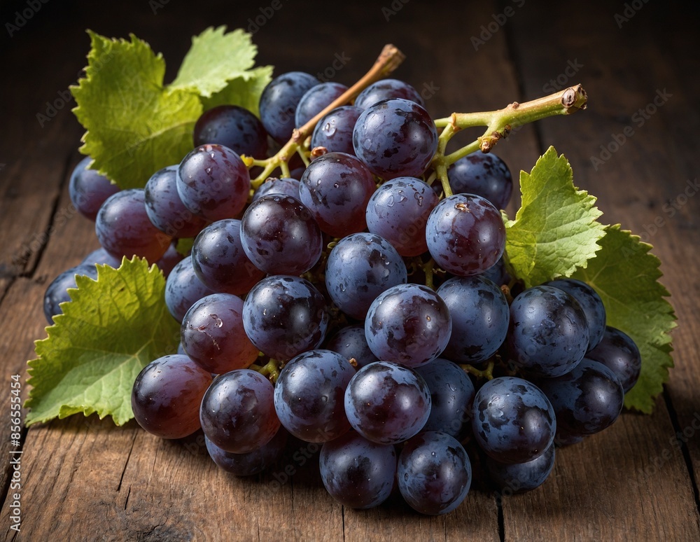 Branch of blue wine grapes on a wooden table Branch of blue wine grapes on a wooden table