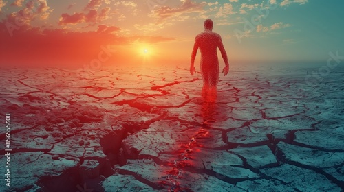 A human figure made of water, walking on a dry cracked earth landscape