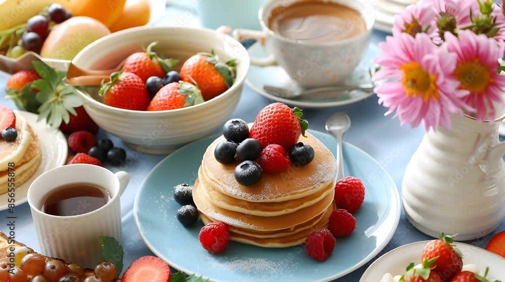 Delightful Morning Breakfast with Pancakes Fruits and Hot Beverages Delightful Morning Breakfast with Pancakes Fruits and Hot Beverages