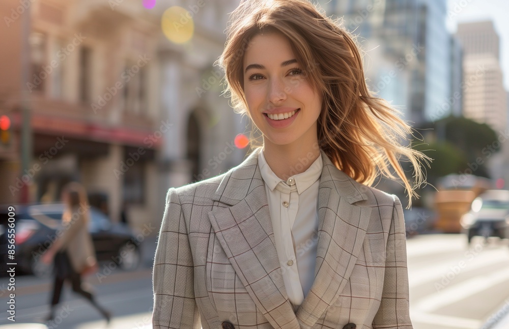 A joyful woman in a suit walks on a city street, bathed in sunlight and shadows A joyful woman in a suit walks on a city street, bathed in sunlight and shadows