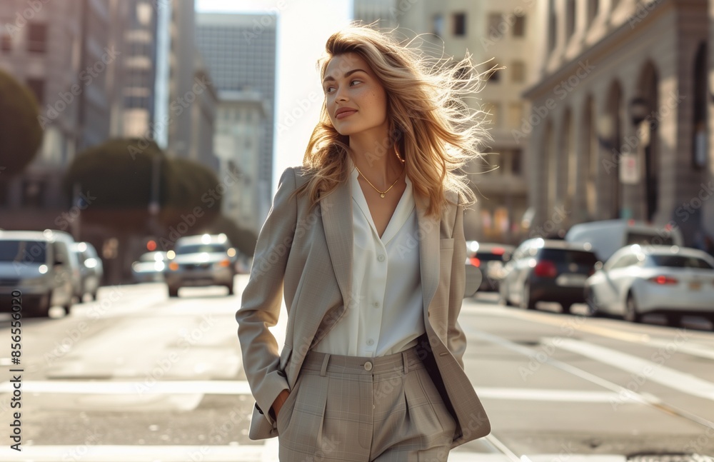 Fototapeta premium A joyful woman in a suit walks on a city street, bathed in sunlight and shadows