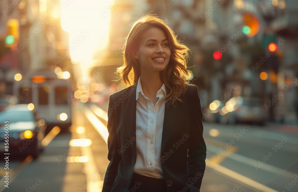 A joyful woman in a suit walks on a city street, bathed in sunlight and shadows A joyful woman in a suit walks on a city street, bathed in sunlight and shadows