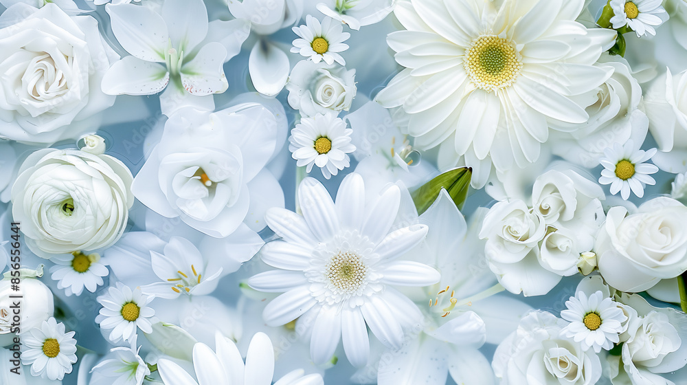 Fototapeta premium 水に浮かべた色々な種類の美しい白色の花の背景