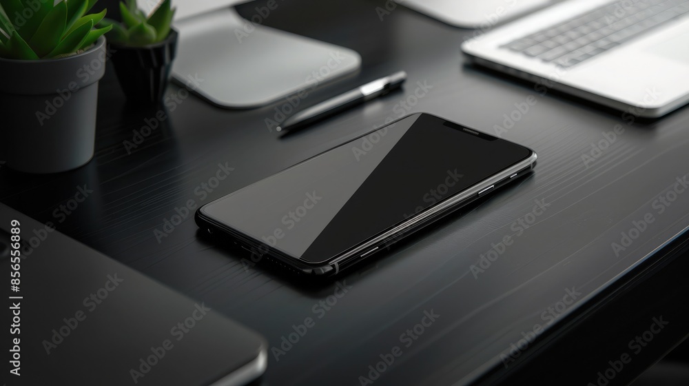 Top view of modern workspace with laptop, smartphone and plant on dark table
