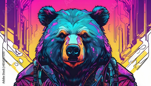 a Cyberpunk bear portrait with colored fluid, artwork photo