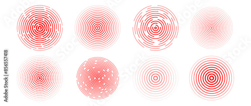 Red concentric circle set. Radial sonar or sound wave ring collection. Halftone, dashed and dotted line epicenter, target, radar icon symbols. Ripple concentric signal vibration elements. Vector