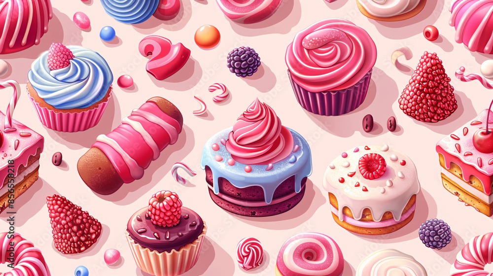 Seamless pattern background of candy, sweets, and cakes in pink and blue colors. Perfect for birthday, Christmas, Easter, Mother's Day, or any festive celebration.