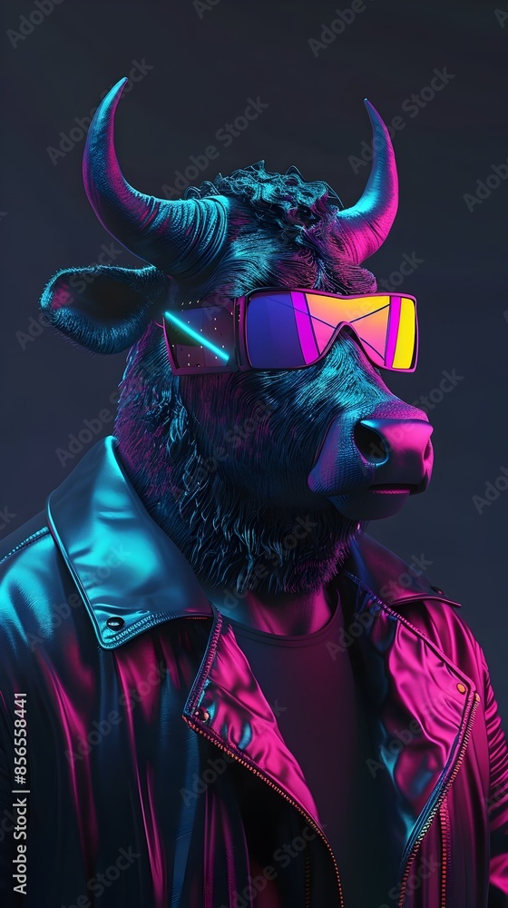 Futuristic Synthwave Anthropomorphic Buffalo Portrait in Reflective Sunglasses and Leather Jacket Futuristic Synthwave Anthropomorphic Buffalo Portrait in Reflective Sunglasses and Leather Jacket