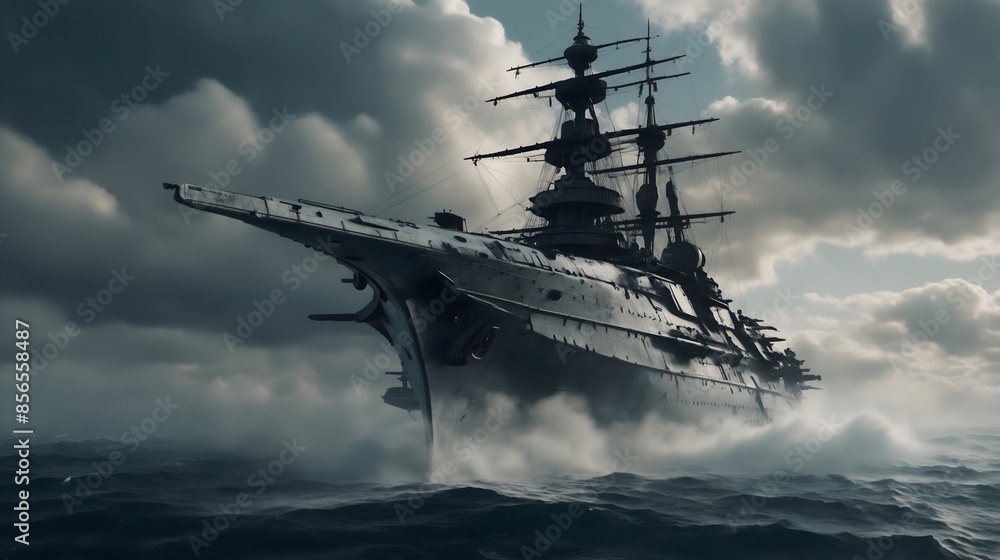 A mighty battle frigate flying through the clouds in dieselpunk style A mighty battle frigate flying through the clouds in dieselpunk style