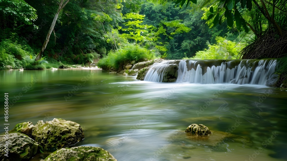 Lush Tropical Waterfall in Serene Jungle Landscape Lush Tropical Waterfall in Serene Jungle Landscape