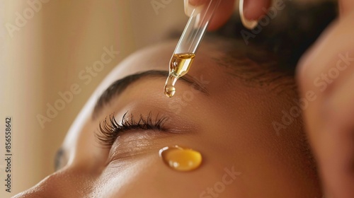 A close-up of a dropper dispensing facial oil onto a woman's cheek