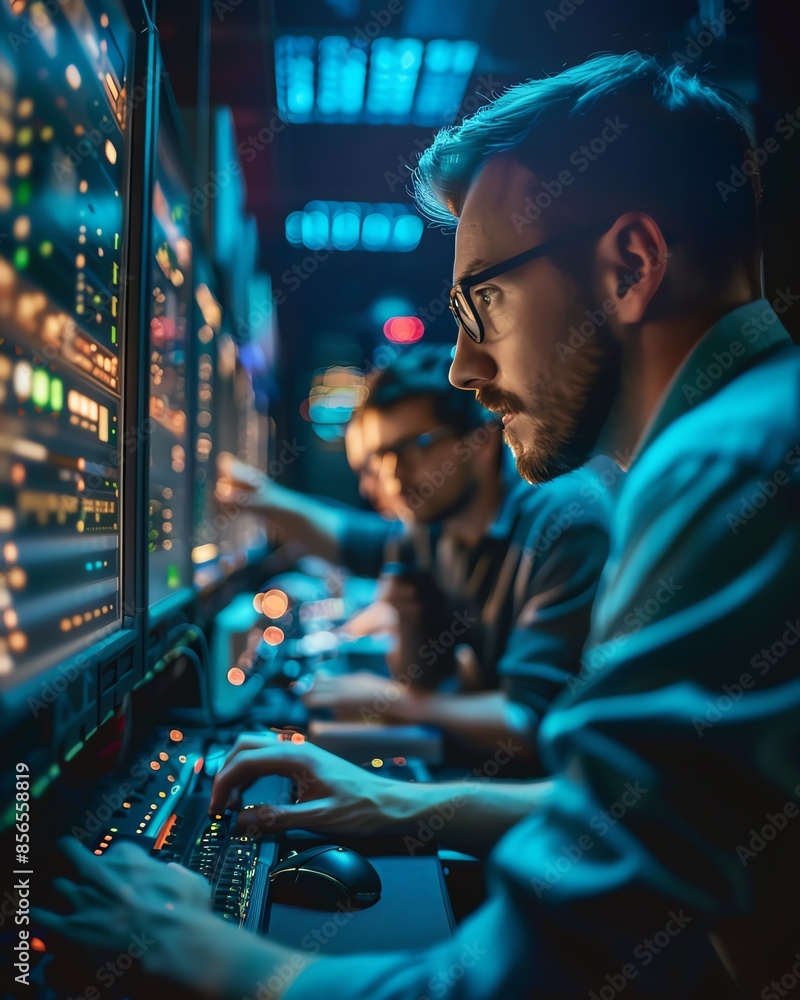 Focused IT professionals working intensely at computer screens in a dark room filled with digital displays and modern technology. Focused IT professionals working intensely at computer screens in a dark room filled with digital displays and modern technology.