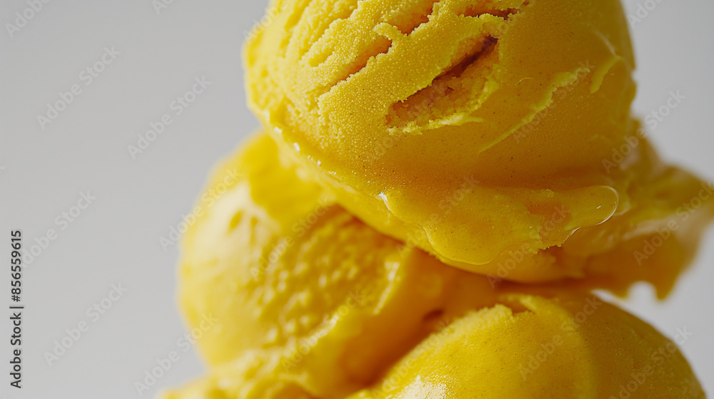 Chic turmeric and coconut sorbet, a closeup of chic turmeric and coconut sorbet, its bright yellow color and creamy texture against a white background Chic turmeric and coconut sorbet, a closeup of chic turmeric and coconut sorbet, its bright yellow color and creamy texture against a white background