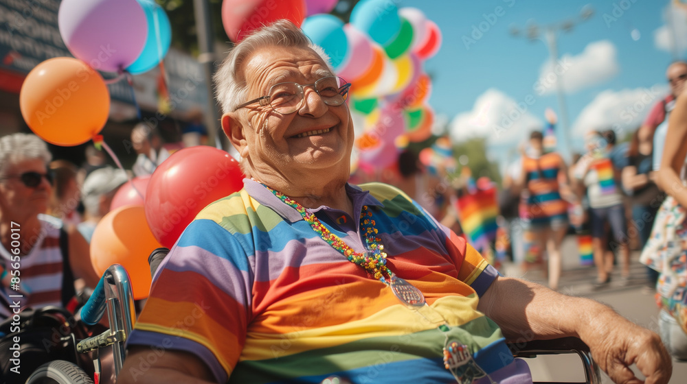Happy senior man in wheelchair celebrating gay pride parade in crowd. Mature male wearing rainbow shirt. Summer street party blue sky people & colourful balloons. Happy senior man in wheelchair celebrating gay pride parade in crowd. Mature male wearing rainbow shirt. Summer street party blue sky people & colourful balloons.