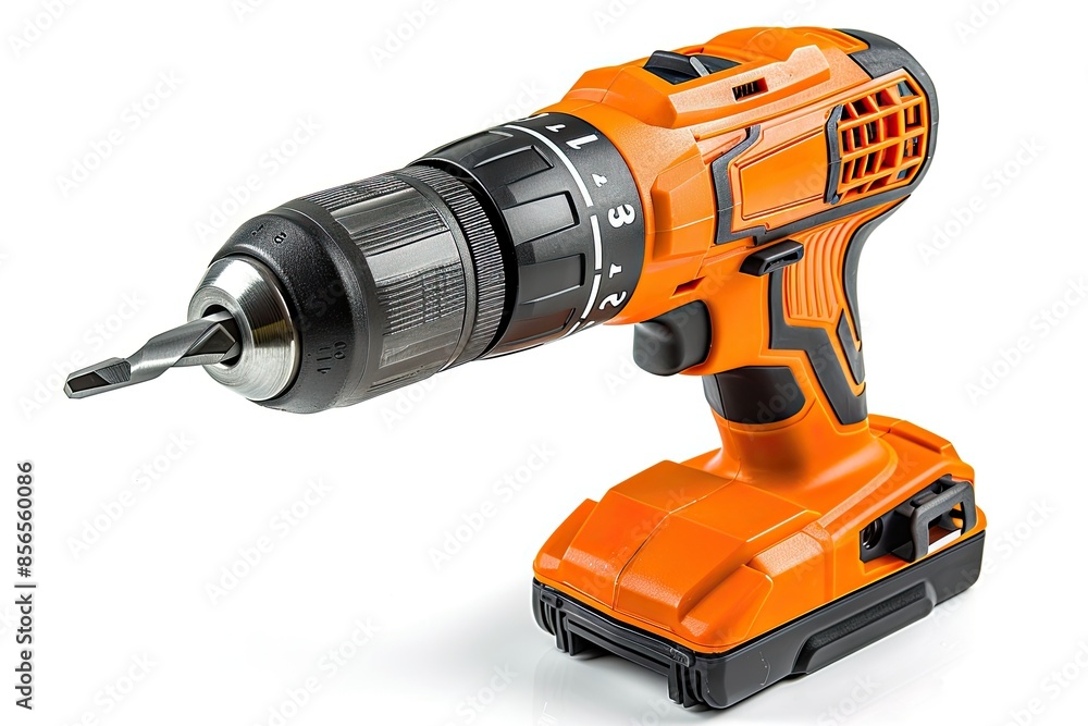 Side view of an orange cordless drill isolated on a white background Side view of an orange cordless drill isolated on a white background