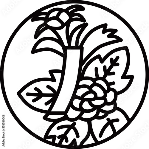 線画円形ミニ花札　水無月　牡丹　青短　6月　牡丹に青短