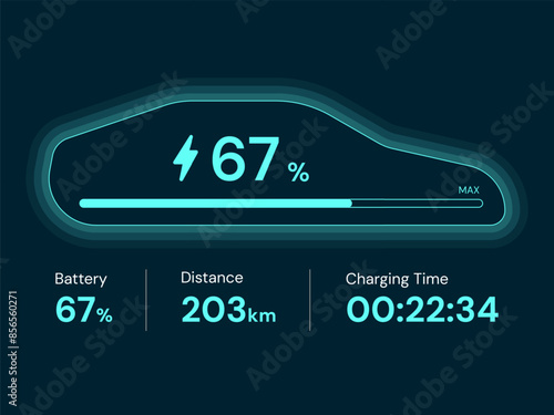 Side view electric car battery charging dashboard hologram interface with status Charging Time, Distance vector design concept. EV car battery charging dashboard for ui, website, EV business, new tech