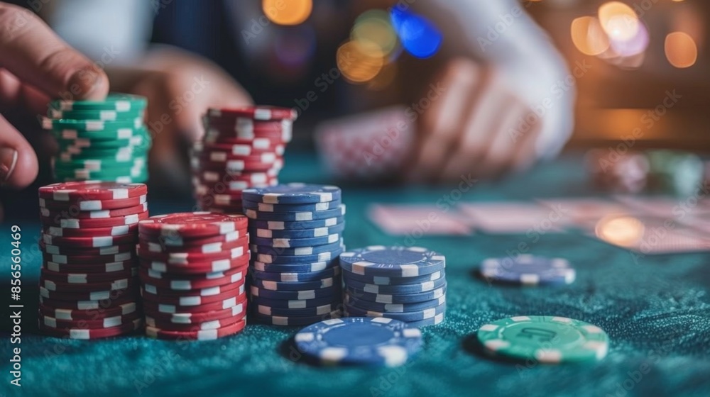 Stacks of casino chips on the poker table, out focus poker players in the backdrop. Stacks of casino chips on the poker table, out focus poker players in the backdrop.