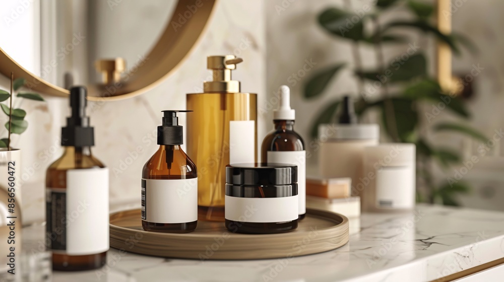 A collection of anti-aging skincare products displayed on a vanity A collection of anti-aging skincare products displayed on a vanity