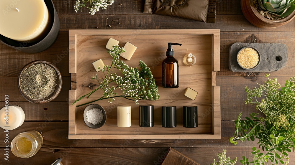 A collection of organic skincare products arranged on a wooden tray A collection of organic skincare products arranged on a wooden tray