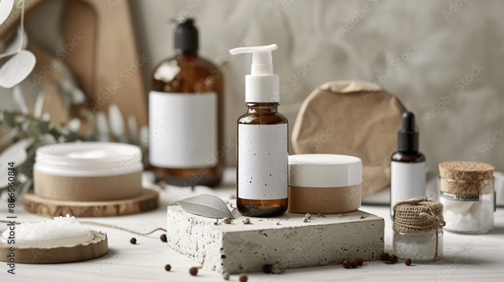 A set of eco-friendly skincare products with minimalistic packaging A set of eco-friendly skincare products with minimalistic packaging